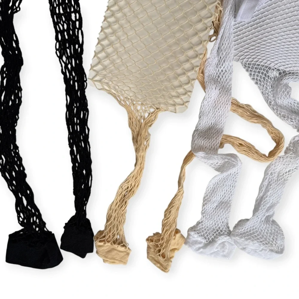 3 Pack Fishnet Leggings Women OS Black White Beige Footless Tights Festival Rave